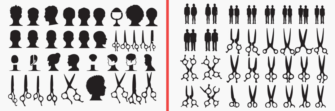 barber tools silhouette vector, salon equipment black silhouettes, scissors comb illustration set, hairdressing tool silhouette art, barber shop vector design, grooming tools clipart collection, hairs