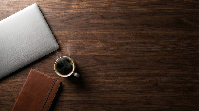 Dark Wooden Office Desk with Laptop and Steaming Coffee