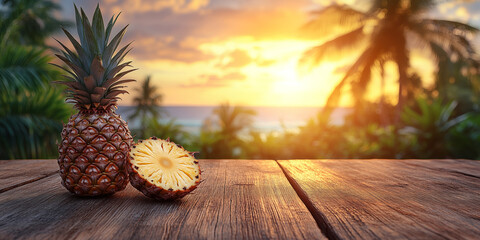 Fresh pineapple on rustic wooden table with tropical farm background glowing under warm morning sunlight, perfect for food advertising, wellness branding, organic product packaging