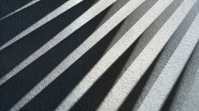 Dynamic abstract pattern with diagonal light and shadow stripes on a rough gray wall