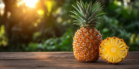 Fresh pineapple on rustic wooden table with tropical farm background glowing under warm morning sunlight, perfect for food advertising, wellness branding, organic product packaging