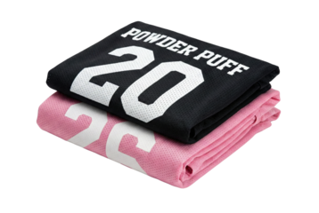 Folded powder puff jerseys with numbers 20 and 26. Black and pink mesh sports shirts.