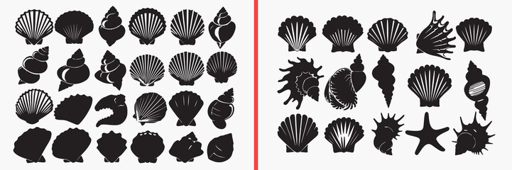 seashell silhouette vector, marine shell black silhouettes, ocean shell illustration set, beach seashell outline art, coastal shell vector design, sea life clipart silhouettes, tropical beach icon col