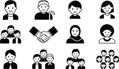 Simple black and white vector icons representing diverse people and social interactions