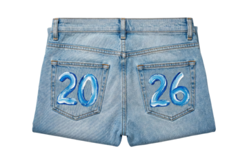 Painted denim shorts with 2026 date. Blue jean creative senior fashion.