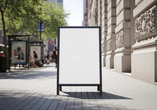 Blank sandwich board mockup on a city sidewalk for outdoor advertising and promotions in an urban setting.