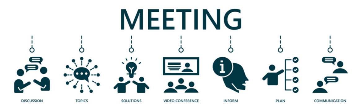 Meeting web banner icon vector illustration for business discussion, information sharing, problem solving, decision making, and idea exchange.