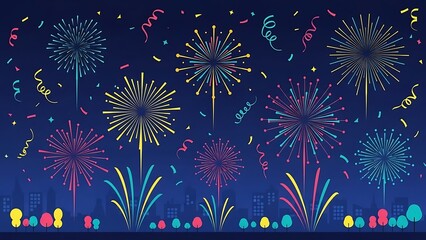 Celebration Flat Fireworks Display Over Cityscape and Landscape Background Illustration