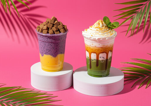 Colorful layered tropical smoothies and frappes on white podiums with palm leaves against a vibrant pink background.