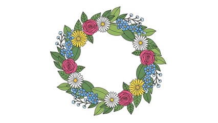 Handdrawn Floral Wreath with Rose Daisy and Forget Me Not Flowers