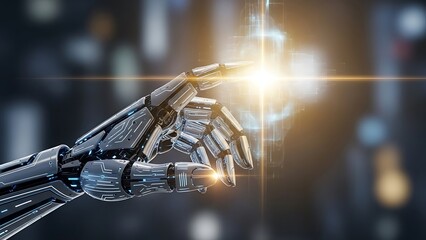 Robotic hand touching a glowing digital interface technology