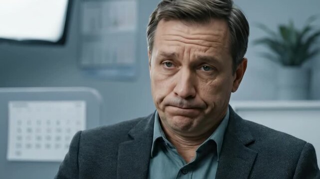 dissapointed face - A middle-aged man with a serious expression sits at a desk in a modern office setting, wearing a dark blazer over a light shirt, conveying a sense of contemplation