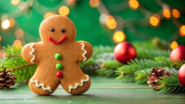 gingerbread man cookie close up on green background - Powered by Adobe