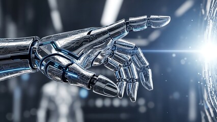 Robotic hand touching glowing digital interface artificial intelligence