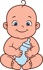 Cute baby cartoon illustration holding milk bottle, smiling infant character, adorable childcare and parenting concept, colorful vector art, isolated white background