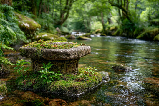 Isolated dark pebble pedestal standing in clear shallow creek with calm ripples