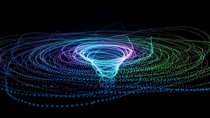 Swirling vortex of colorful digital particles on black background