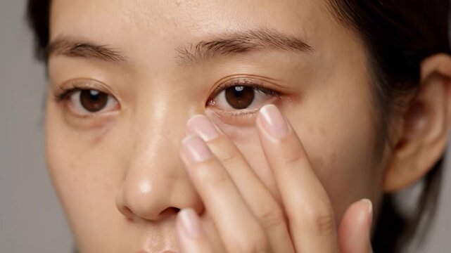 A close-up portrait shows a person gently applying product to the skin around their eye