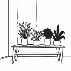 Four potted plants on a coffee table