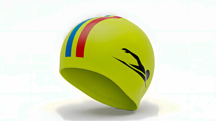 A bright yellow swim cap with red and blue stripes and a black logo is displayed against a white background
