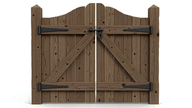 A pair of wooden gates with metal hinges and a rustic design standing against a plain white background