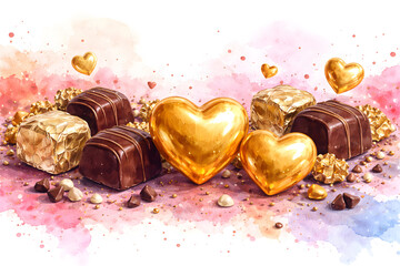 金色のハートチョコと高級感あふれる水彩スイーツアート