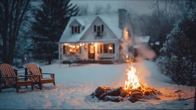 Snowy backyard at dusk cozy house lights glow campfire crackles, empty wooden chairs nearby softly