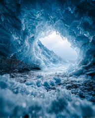 Glowing blue ice cave scene with minimalist podium, frosty particles and dramatic lighting