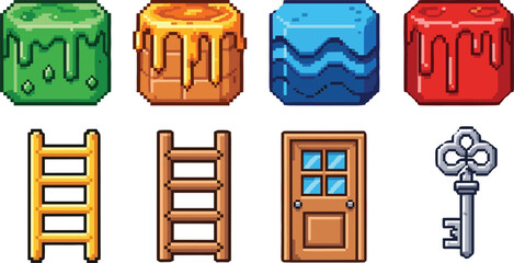 Pixel art game asset icons set, platformer level objects blocks ladders door key retro style © VectoBloom