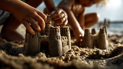 Kids building sandcastles at the beach