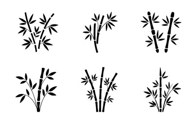 Set of Black Silhouette Icons Featuring Bamboo Stalks and Leaves in Various Styles, Minimalist Bamboo Plant Illustrations, Vector Graphic Pack for Nature, Zen, Asian Culture