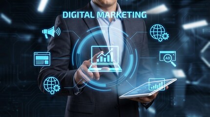A professional businessman interacts with a glowing digital marketing interface displayed on a tablet representing data analysis and modern technological strategies high quality