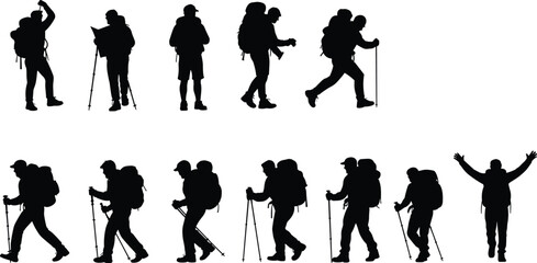 Hiking people silhouettes with backpacks and trekking poles, outdoor travelers walking and exploring nature, mountain adventure tourism, wilderness exploration illustration set