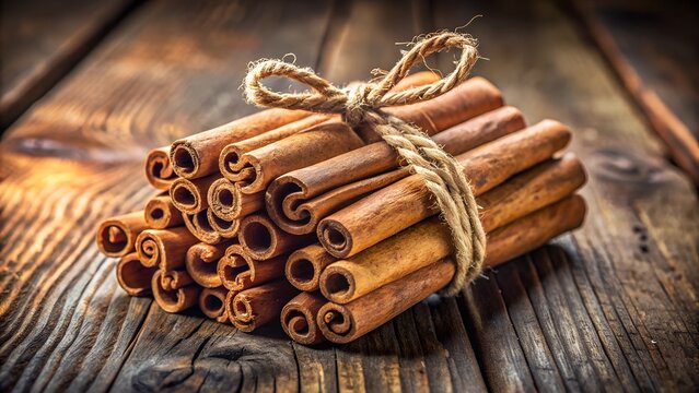 cinnamon sticks bundle on rustic wooden table