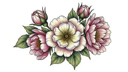 A bouquet of flowers with pink and white petals and green leaves on a white background