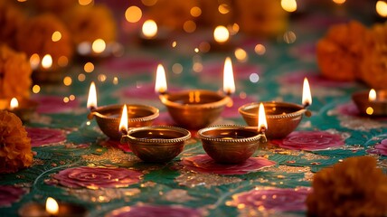 Happy Diwali Lighting diya oil lamps and flowers against a blue backdrop