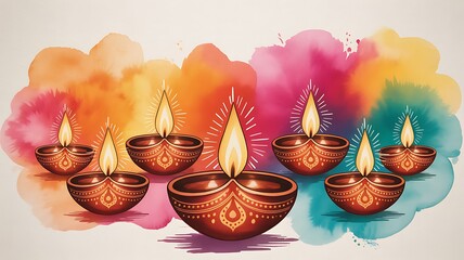 Happy Diwali Lighting diya oil lamps and flowers against a blue backdrop This is a traditional Indian festival of lights Celebrating a religious holiday. with copy space image