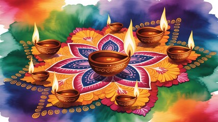 Happy Diwali Lighting diya oil lamps and flowers against a blue backdrop This is a traditional Indian festival of lights Celebrating a religious holiday. with copy space image