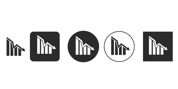 Financial market downturn graphic symbol | Stock market crash indicator chart icon set | Vector icon collection showing business loss and failure | Declining bar graph with downward arrow 