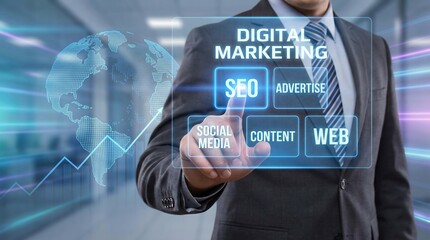 A professional businessman interacts with a digital display showing marketing concepts like seo social media and web advertising representing modern business trends