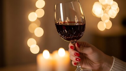 Romantic Valentine wine glass with warm lights
