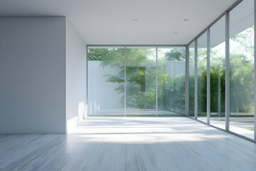 Fototapeta premium Minimalist floor to ceiling windows in contemporary apartment modern architectural interior design daylight lifestyle space