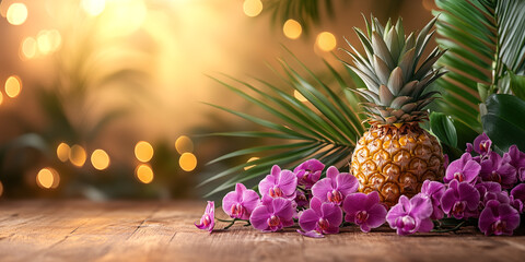 A fresh ripe pineapple beautifully placed on a rustic wooden table with purple orchid flowers and palm leaves in the background. Warm golden sunset light creates a relaxing summer tropical atmosphere