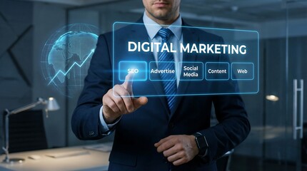 A professional businessman interacts with a digital interface displaying key elements of modern digital marketing strategies including seo social media and web analytics