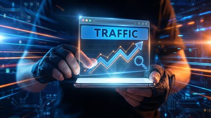 a hooded figure is displaying a smartphone screen with a graph showing upward traffic trends illuminated by digital circuitry and light streaks