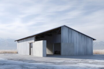 Fototapeta premium Steel barn interior with slippery concrete floor industrial agricultural architecture texture functional rural environment