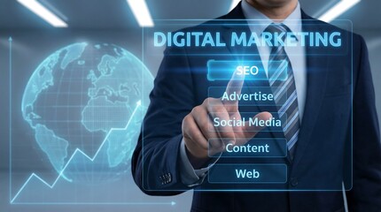 a professional businessman interacting with a digital marketing interface showcasing seo social media content and web strategies with a glowing globe backdrop