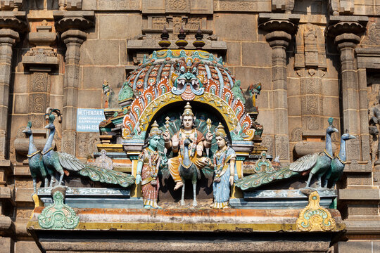 India, Tamil Nadu, Chidambaram, Sculpture of Lord Murugan on the Entrance of Thillai Nataraja Temple.
