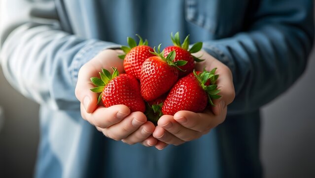 Person holding a handful of fresh ripe strawberries in their cupped hands - Powered by Adobe