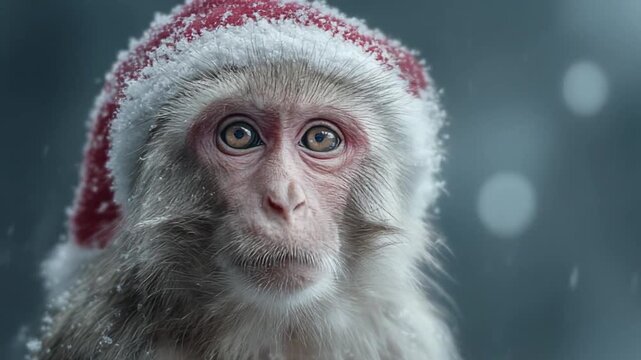 Snowy-eyed macaque in a red santa hat gazes softly amid falling flakes against wintry blue backdrop!